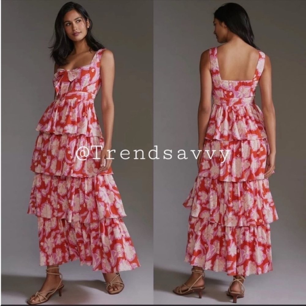 Anthropologie Vineet Bahl Red Floral Tiered Maxi Dress Size 10 Wedding Guest